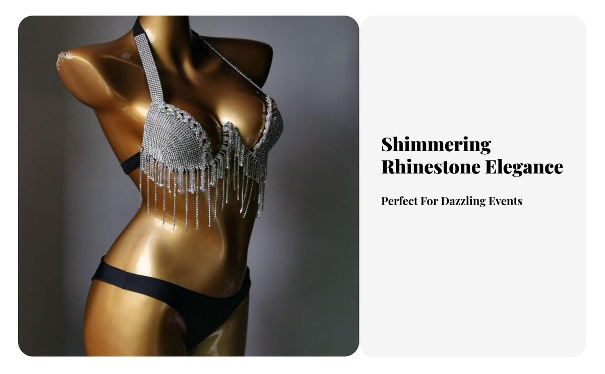 Rhinestone Tassel Bikini Adjustable Straps Glittering Nightclub Bikini Push Supportive Construction Glittering 2 Piece Bathing Suit for Dancers