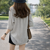Women Striped Collared Shirt with Three Quarter Sleeves for Golf and Casual Wear, Loose Fit Pullover Top for Office and Going Out, Polyester Blend