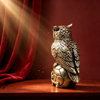 Gold-Toned Owl on Skull Figurine Metal-Finish Owl on Skull Statue Gothic Sculpture Textured for Collectors, Goths, Desk, Bookshelf, Halloween