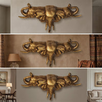 Elephant Head Wall Plaque Antique Gilded Wall Plaque with Elephant Heads Golden for Art Collectors, Hallway