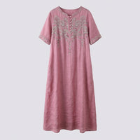 Summer Dresses for Women UK with Embroidered Detail, Linen Midi Dress with Short Sleeves, Loose for Beach Wear