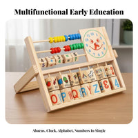 Educational Wooden Abacus Clock Toy Colorful Alphabet Number Learning Board Develops Fine Movement Skills for Preschoolers, Toddlers