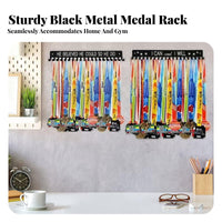 Holds 60+ Medals Medal Hanger Matte Black Finish Wall Mount Medal Holder Motivational Quotes for Athletes, Runners, Gym, Living Room, Office