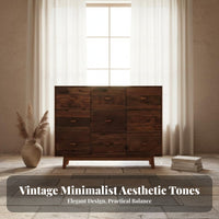 Naturally Weathered Finish Wabi-Sabi Design Low Cabinet Artisan-Made Rustic Elm Wood Sideboard 9 Drawer Wooden Chest for Guesthouse Owners, Homeowners, Interior Designers, Living Room, Bedroom, Entryway