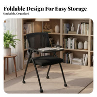 Foldable Rolling Chair with Writing Tablet Space-Saving Nesting Chair with Writing Tablet Ergonomic Design Training Seat for Students, Trainees, Event Attendees, Classroom, Conference Room, Lecture Hall, Lobby