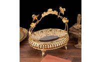 Decorative Fruit Basket with Glass Base Ornate Tabletop Basket with Handle Gold-Toned Holder Vintage-Style for Home Decorators, Hosts, Dining Table, Living Room