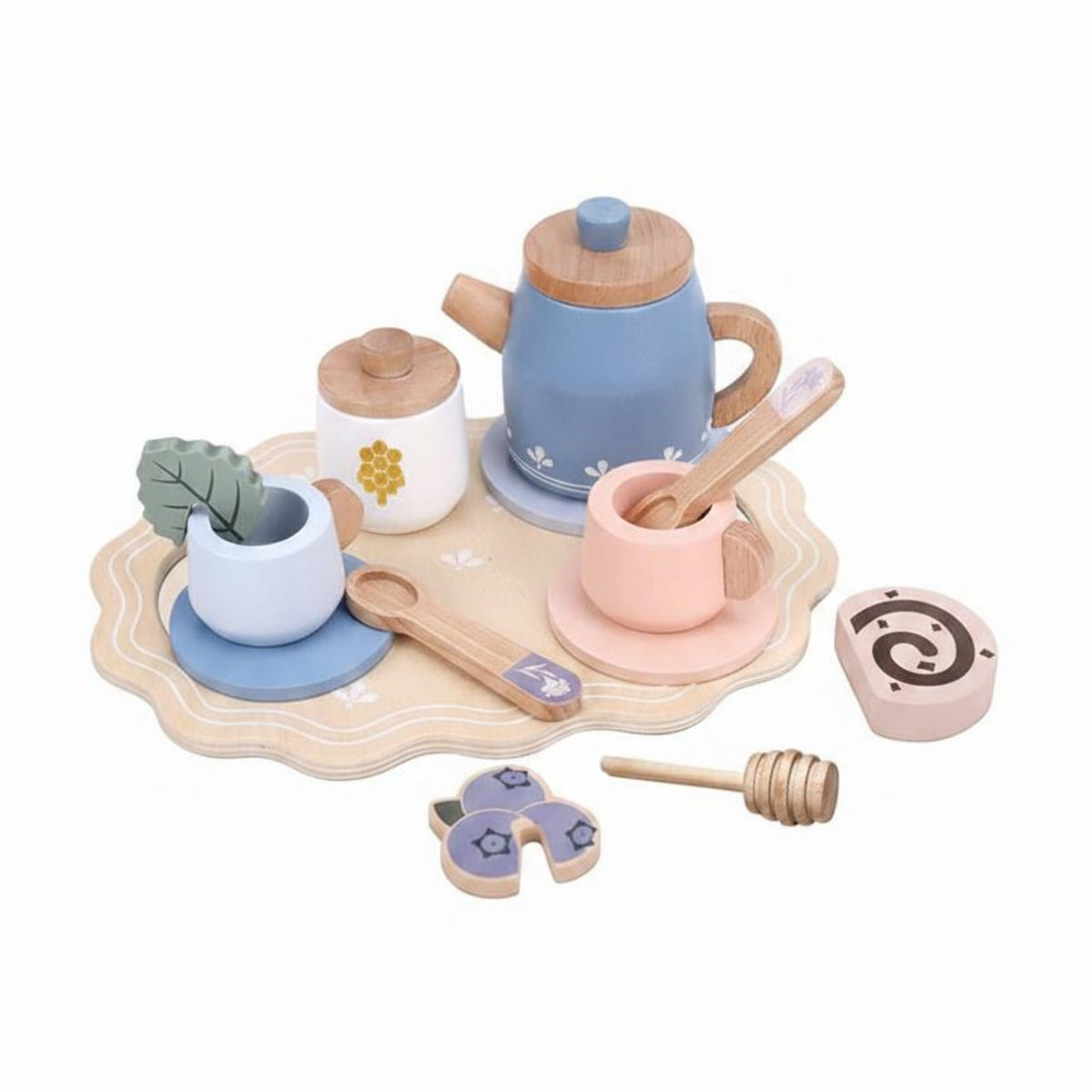 Toy Tea Set with Tray Smooth Wooden Tea Set Educational Dessert Pieces for Kids