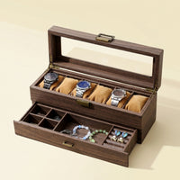 6-Slot Watch Display Case with Glass Lid Tabletop Watch Box with Drawer Clear Jewelry Drawer Organizer Safeguarding for Boutique