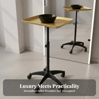 Modern Gold Finish Rolling Service Tray Easy to Clean Adjustable Height Rolling Tray Stable Base Salon Trolley Sturdy Construction for Hair Stylists, Hairstylists, Aestheticians, Barber Shop, Barbershop, Beauty Medical Center, Spa
