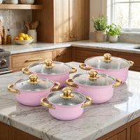 Induction Hob Saucepan Set with 10-Piece Stainless Steel Pots and Pans Set, Elegant Gold Handles for Family Cooking, Gift for Her with Glass Lid