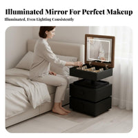 2-in-1 Design elevateTop Vanity Nightstand Space-Saving Illuminated Nightstand with Drawers Modern and design Bedside Table Hidden Mirror for Apartment Dwellers, property owners, Students, Dorm Room, Study