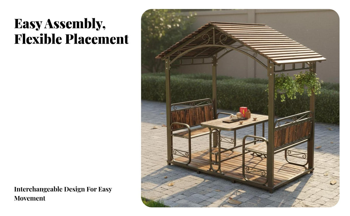 Covered Seating with Benches Weather-Resistant Gazebo Sun Protection Pavilion for Residents, Gathering Hosts, Courtyard, Backyard, Waterfront