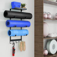 Exercise Mat Storage Rack with Hooks Metal Exercise Mat Wall Holder with Hooks Easy Installation for Yogis, Fitness Enthusiasts, Home Gym, Apartment