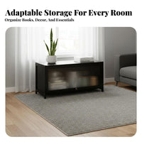 Spacious Storage Slimline Slatted Credenza Large Capacity Slimline Cabinet with Woven Doors Door Closure TV Stand Breathable Design for Apartment Dwellers, Homeowners, Adults, Living Room, Bedroom, Entertainment Area