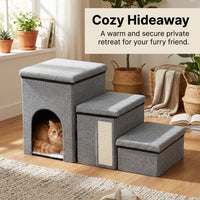 Storage Steps for Bed and Sofa with Foldable Pet Stairs, Integrated Cat House for Small Pets, Textile Construction