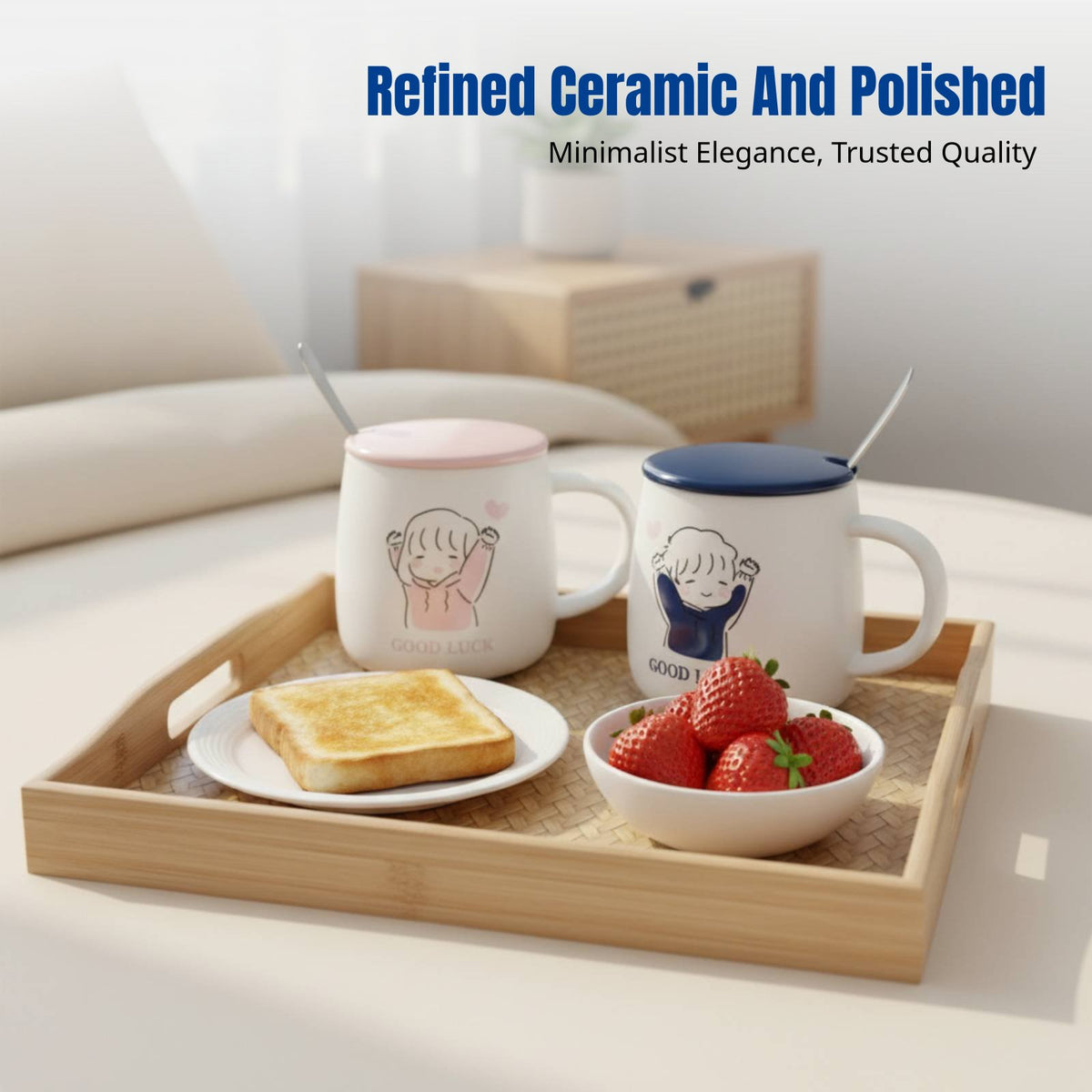 Cartoon Ceramic Mug with Lid & Spoon, Cute Couple Coffee Mug, Trendy Gift for Students, Valentine's Day