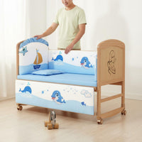 Solid Wood Rocking Bassinet with Wheels Multi-Functional Convertible Baby Crib Unpainted Wooden Bedside Sleeper Mobile for Newborns, Infants, Toddlers, Bedroom