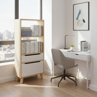 Small Footprint Slim Bookcase Solid Wood Legs Tall Wooden Storage Unit Nordic Design Narrow Bookshelf with Drawer for Home Office
