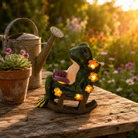 Frog Rocking Chair Figurine Rustic Wood-Tone Solar Frog Ornament Decorative