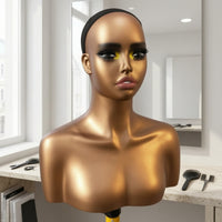 Realistic Mannequin Head with Shoulders Bald Mannequin Head with Shoulders Bronze Hairpiece Display Stand for Jewelers, Cosplayers