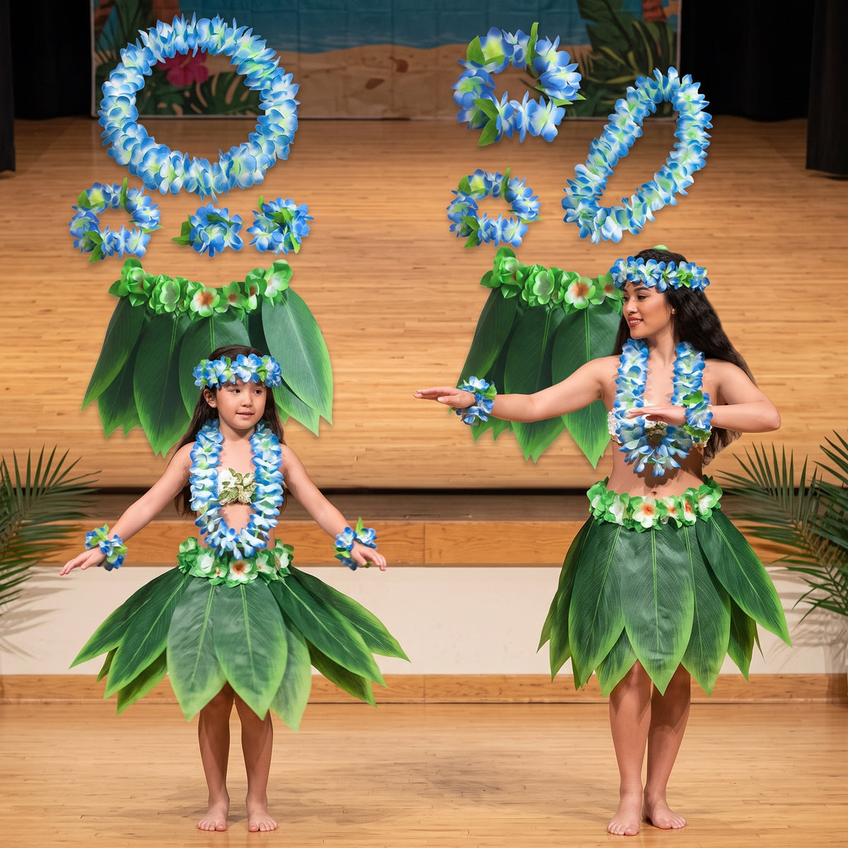 Hawaiian Luau Grass Skirt Costume Set for Kids and Adults
