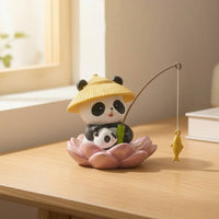 Panda Figurine with Fishing Rod Small Panda Statue with Lotus Base Mini for Desk