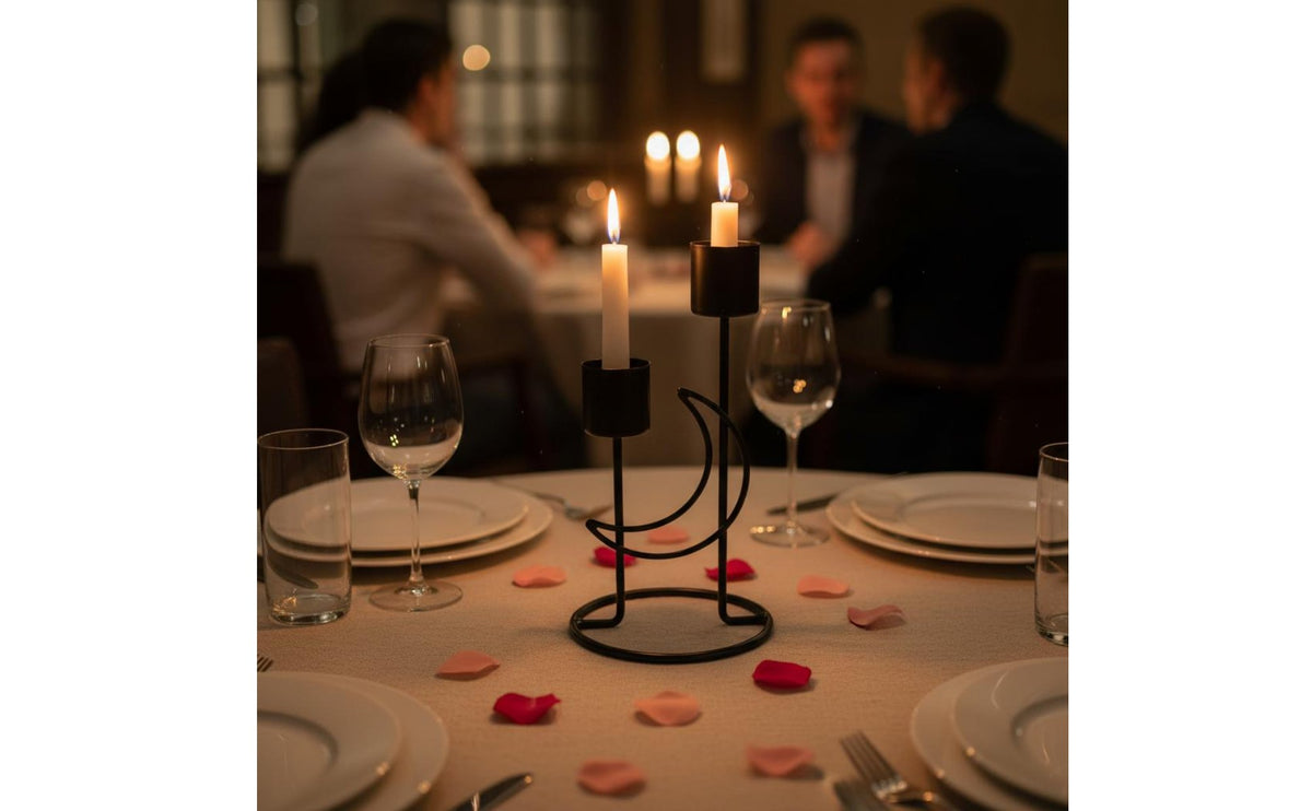 Nordic Aesthetic Wrought Iron Candelabra Romantic Atmosphere Double Arm Candlestick Table Centerpiece Crescent Moon Candle Stand for Wedding, Party, Restaurant