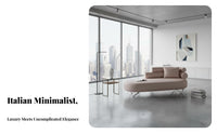 Italian Design archedd Chaise Lounge Minimalist aesthetic Ergonomic Chaise Plush Upholstery Indoor Furniture Sculptural Form for Homeowners, Interior Designers, partners, Living Room, Relaxation, perusing alcove, film viewings