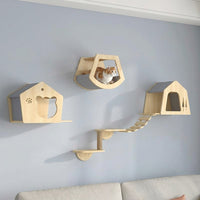 Cat Climbing Frame with House and Scratching Pad, Solid Wood Activity Centre and Playground, Wall Mounted Perch for Indoor Cats, 20kg Load