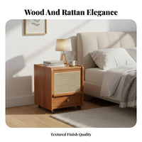 Mobile with Wheels Rattan Nightstand Narrow Design Rolling Rattan-Front Cabinet Small Footprint Bedroom Furniture Solid Wood Legs for Apartment Dwellers, Homeowners, Students, Dorm Room, Hallway, Away Ice