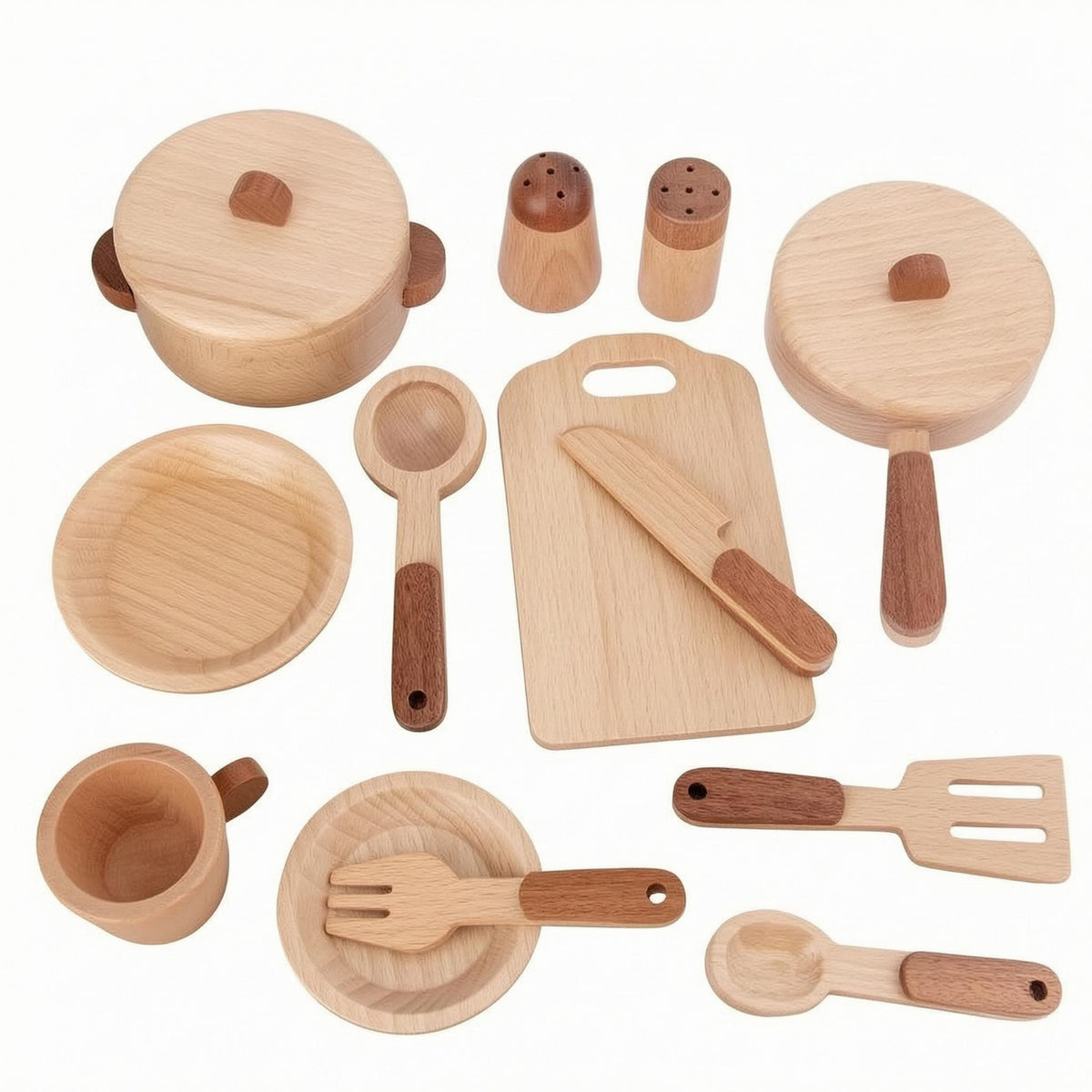 15 Pieces Pretend Play KitchenSet  Wood Wooden Play Kitchen Set Smooth Rounded Edges Wooden Cookware Playset for Children