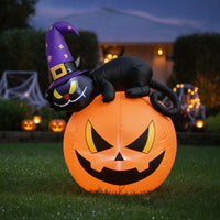 Lighted Inflatable Cat on Pumpkin Colorful Inflatable Cat with Witch Hat Cute Inflatable Decoration Festive for Lawn