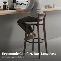 Nordic Aesthetic Wooden High-Back Stool Industrial Design Bar Seating With Backrest Counter-Height Chair Round Footrest for Cafe Owners, Homeowners, Adults, Coffee Shop, Restaurant, Reception Area, Dining Room