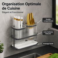 Carbon Steel Kitchen Utensil Holder, Double Compartment Cutlery Drainer, Countertop Storage, Modern Design