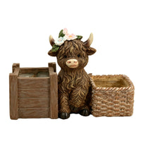 Scottish Cattle Planter Farmhouse-Style Cow Planter with Two Baskets Rustic Patio Statue for Balcony