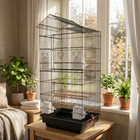 Bird Villa Double Layer Metal Habitat, Large Space 46x36x100cm Spacious Bird Cage for Budgie, Cockatiel and Myna, Secure Multi-Level Animal Enclosure