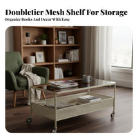 With casters 2-Tier Glass Top Tea Table Easy to Move Living Room Furniture Space-Saving Mobile Storage Multi-Functional for Homeowners, Renters, Home Office, Bedroom, Reception Area