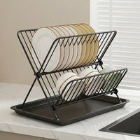 Dish Drying Rack and Drainer Rack, Foldable Carbon Steel X-Shaped Dish Drainer, Space-Saving Kitchen Dish Rack with Drip Tray for Modern Counter