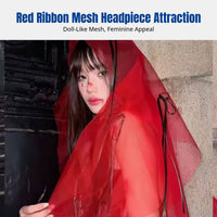 Halloween Cosplay Veil, Red Specter Bride Headpiece, Red Ribbon Victorian Mesh Lace Hair Accessory, Dark Women's Aesthetic