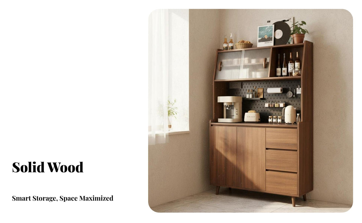 Sideboard Storage Cabinet Solid Wood Board Kitchen Buffet Sideboard with Hutch Multifunctional Design Dining Room Storage Hutch for Homeowners, Adults