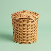 Fitted Lid Lidded Storage Basket Cylindrical Round Rattan Basket Natural Tan Home Organizer Loop Knob
