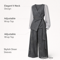 Tracksuit Womens Full Set with Mock Two Piece Top and Wide Leg Pants, Lounge for Casual Wear, 2 Outfits Long Sleeve