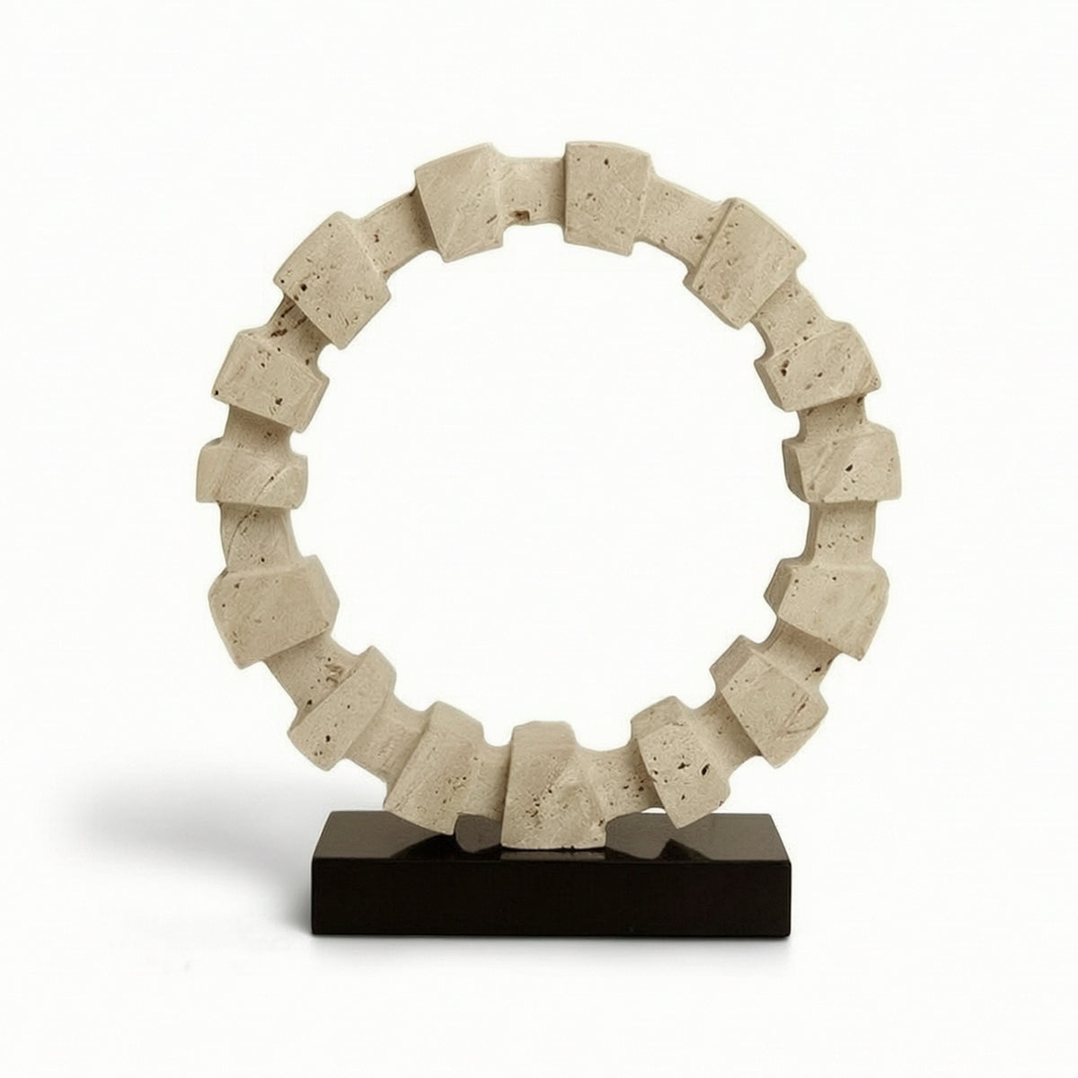 Geometric Circlet Sculpture Travertine-Style Circular Ornament Sculptural Tabletop Decor for Bookshelf, Office Reception