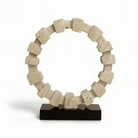 Geometric Circlet Sculpture Travertine-Style Circular Ornament Sculptural Tabletop Decor for Bookshelf, Office Reception