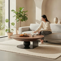 Round Wood Coffee Table Low-Profile Round Coffee Table Sculptural Furniture for Living Room, Lounge Area, Apartment