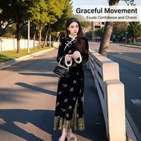 Chinese Dress Long Sleeve Velvet Cheongsam for Women Plus Size, Embroidered Floral Qipao for Formal Events and Cultural Gatherings