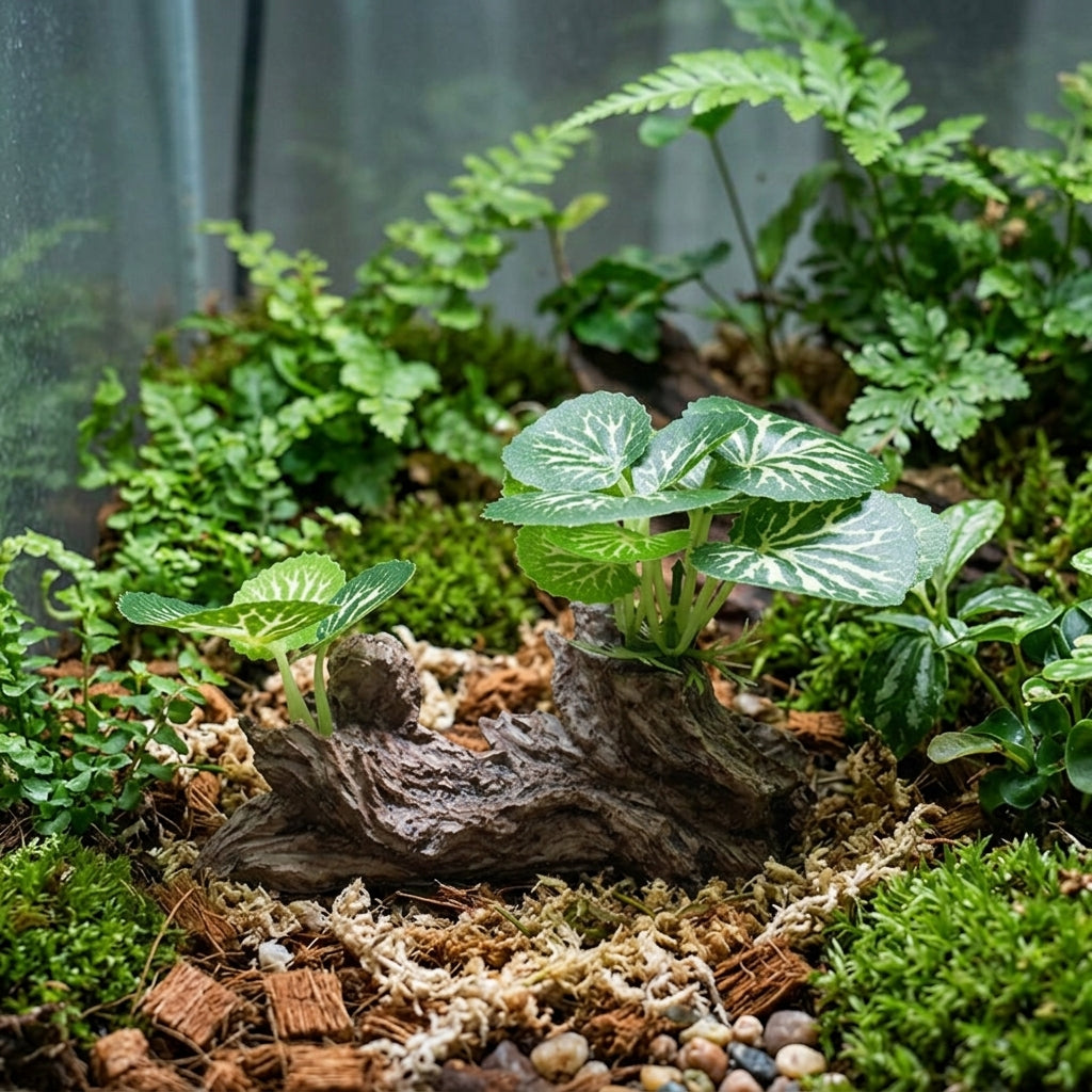 U-Shaped Driftwood Aquatic Tank Plants, Climbing Reptile Enclosure Decor with Round Leaves, Snake Accessories for Vivarium and Small Terrariums