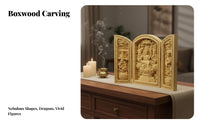 Intricate Element S Foldable Buddhist Shrine Portable Three-Panel Altar Box Boxwood Prayer Box for Spiritual Seekers, Art Collectors, Home Decorators, Meditation Space, Living Room, Travel, Office Desk