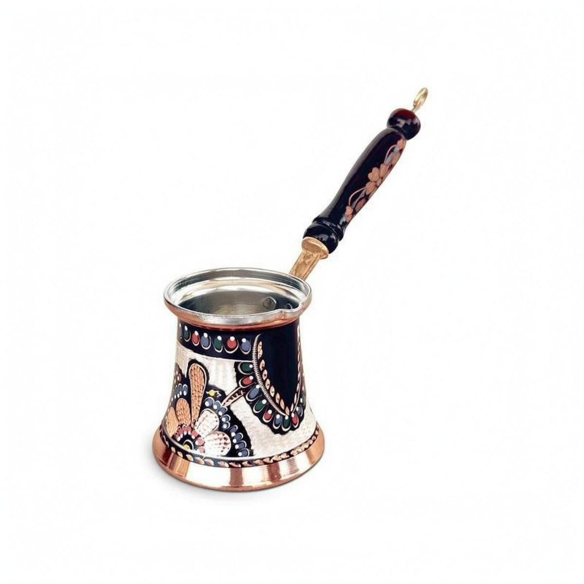 Enamel Decorated Handmade Copper Coffee Pot Floral Design Wood Handle Coffee Pot