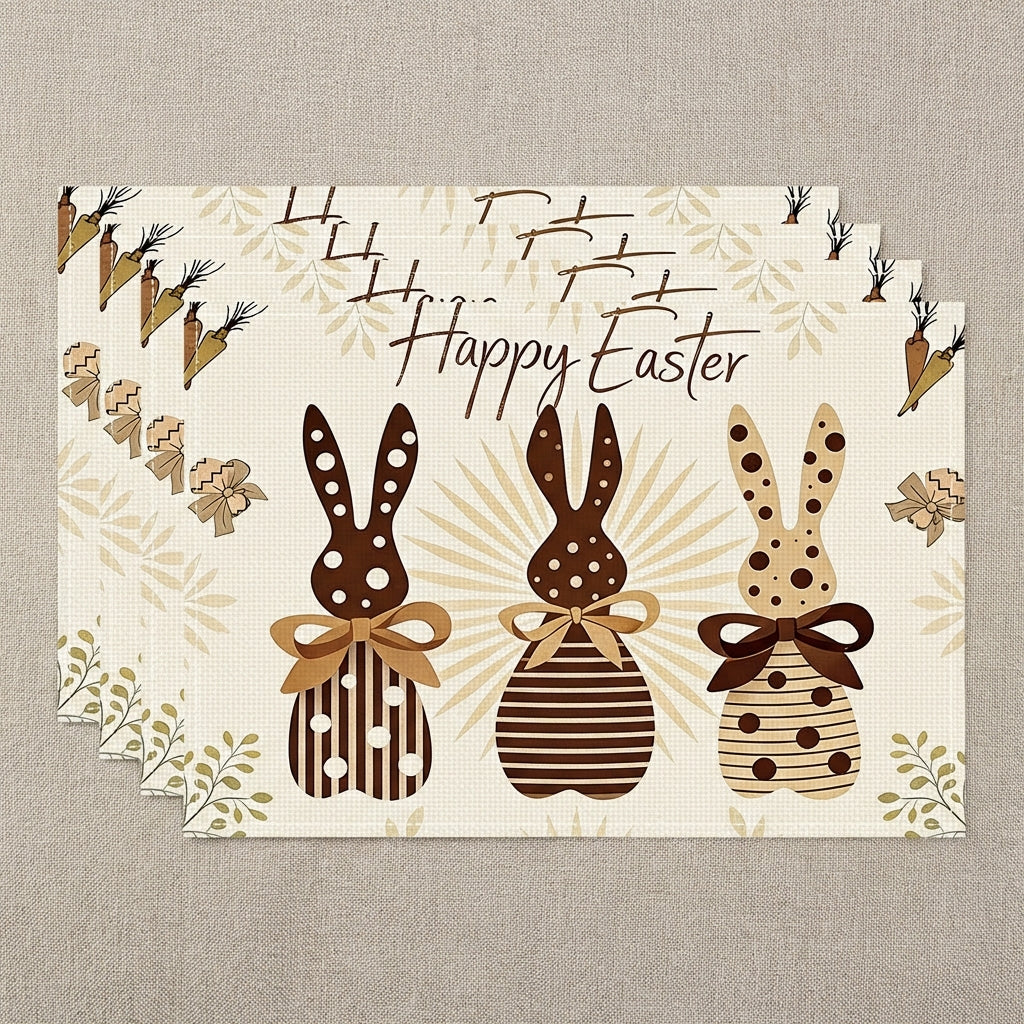 4Pcs Mode Carrots Rabbits Bunny Happy Easter, Linen Placemat Decorative Textile Dining Placemat Sturdy Washable Kitchen Table Mat for Families, Hosts, Holiday Dinners, Parties, Restaurants